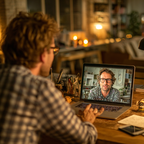 Joven profesor gesticulando y explicando durante una clases inglés online 1:1 por Google Meet