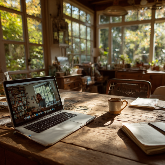 Adulto joven sonriendo y concentrado en una clases ingles 1 a 1 por Google Meet, con luz natural y café en el escritorio.